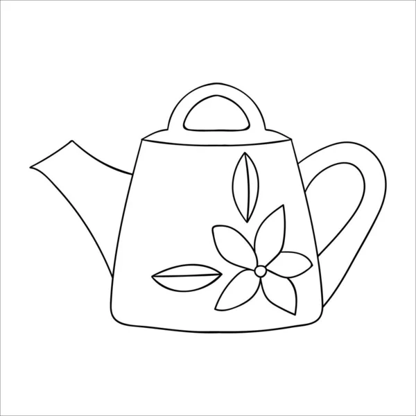 茶壶线图标 黑白茶壶矢量图解 线形艺术水壶 白色背景隔离 涂鸦式厨房设备 — 图库矢量图片