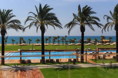 Yüzme havuzlu otel alanları, açık mavi deniz ve ağaçlar, yaz güneşli gün palmiyeleri ve kum.