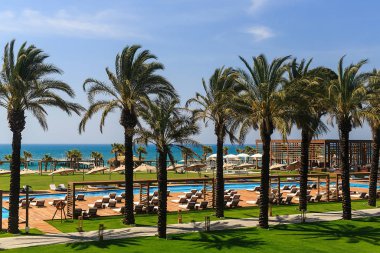Yüzme havuzlu otel alanları, açık mavi deniz ve ağaçlar, yaz güneşli gün palmiyeleri ve kum.