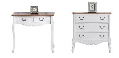 Masa beyaz şifonyer beyaz arkaplan vintage üzerinde izole