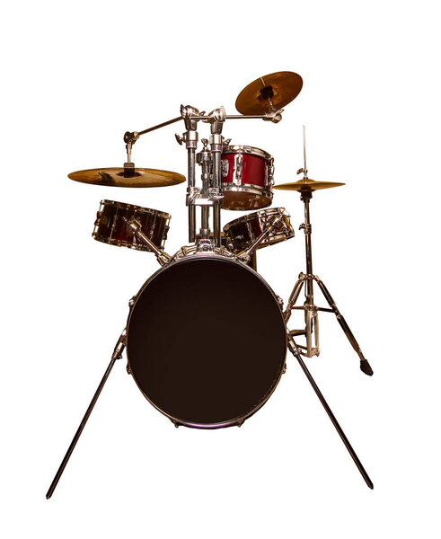 The drum set is red in lacquer isolated on a white background one piece