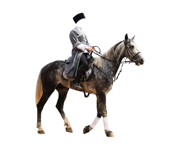 Cossack Hästryggen Grå Kläder Photoshop Mall Jockey Hästkapplöpning Isolerad Vit — Stockfoto