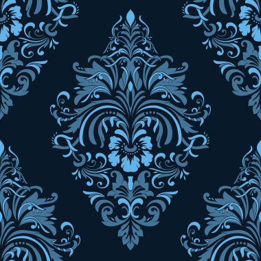 Vektör damaske desen elementi. Klasik lüks, eski moda İspanyol süsü, duvar kağıtları, tekstil ve ambalaj için kraliyet Victoria dönemi dikişsiz dokusu. Zarif çiçekli barok şablonu