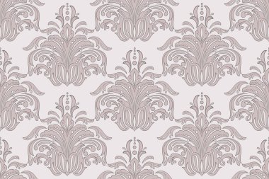 Vektör damaske desen elementi. Klasik lüks, eski moda İspanyol süsü, duvar kağıtları, tekstil ve ambalaj için kraliyet Victoria dönemi dikişsiz dokusu. Zarif çiçekli barok şablonu