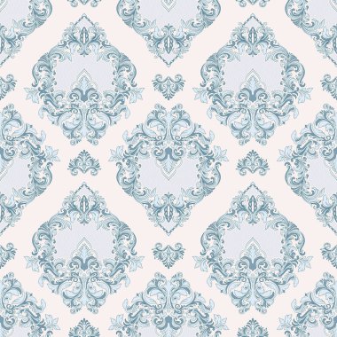 Vektör damaske desen elementi. Klasik lüks, eski moda İspanyol süsü, duvar kağıtları, tekstil ve ambalaj için kraliyet Victoria dönemi dikişsiz dokusu. Zarif çiçekli barok şablonu