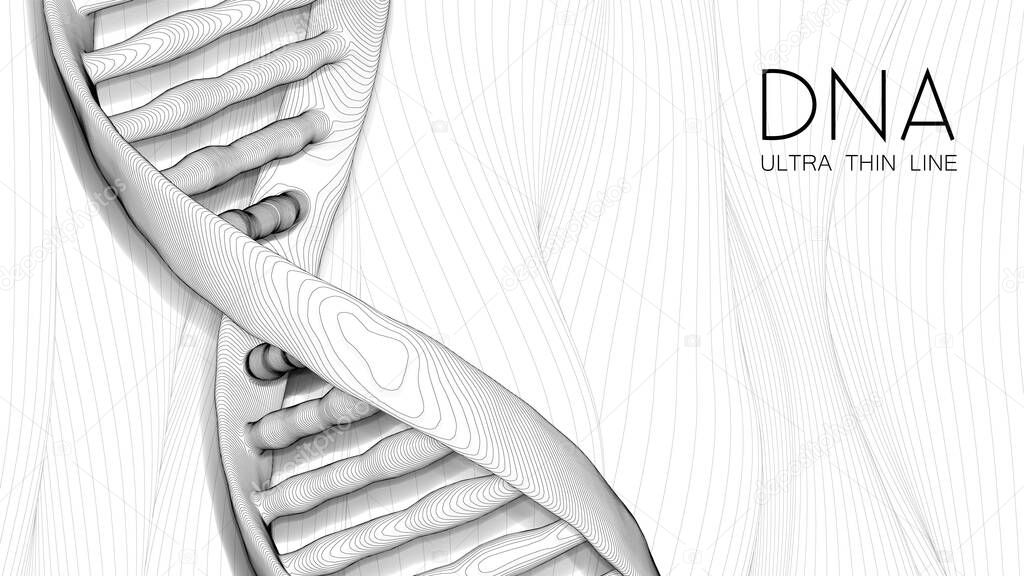 Ultra thin line DNA double helix illustration. Mysterious source of life trendy background. Genom 3d futuristic science image. Conceptual design of genetics information on white backdrop.