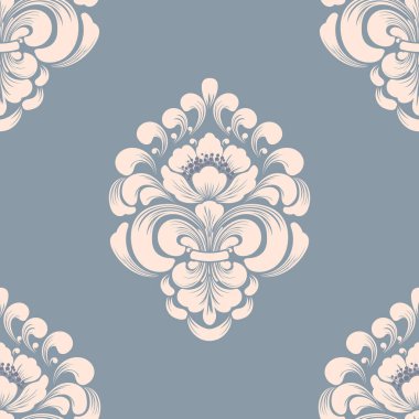 Vektör damaske desen elementi. Klasik lüks, eski moda İspanyol süsü, duvar kağıtları, tekstil ve ambalaj için kraliyet Victoria dönemi dikişsiz dokusu. Zarif çiçekli barok şablonu