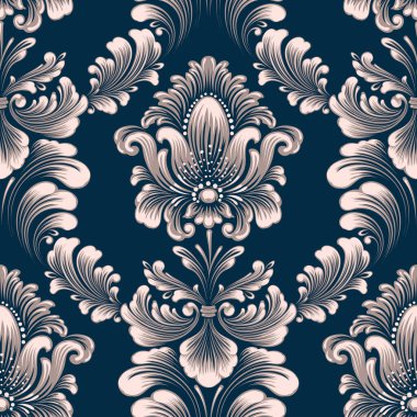 Vektör damaske desen elementi. Klasik lüks, eski moda İspanyol süsü, duvar kağıtları, tekstil ve ambalaj için kraliyet Victoria dönemi dikişsiz dokusu. Zarif çiçekli barok şablonu