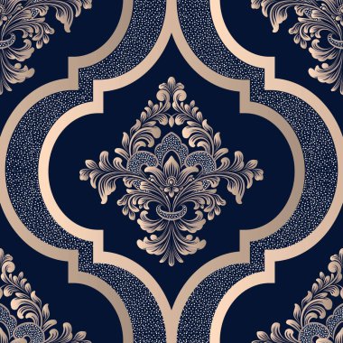 Vektör damaske desen elementi. Klasik lüks, eski moda İspanyol süsü, duvar kağıtları, tekstil ve ambalaj için kraliyet Victoria dönemi dikişsiz dokusu. Zarif çiçekli barok şablonu