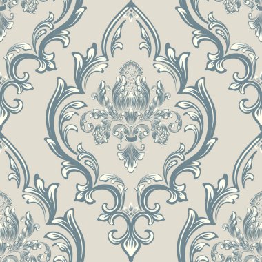 Vektör damaske desen elementi. Klasik lüks, eski moda İspanyol süsü, duvar kağıtları, tekstil ve ambalaj için kraliyet Victoria dönemi dikişsiz dokusu. Zarif çiçekli barok şablonu