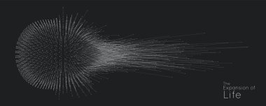 Yaşamın genişlemesi. Vektör küre patlama arkaplanı. Küçük parçacıklar ortaya çıkmaya çalışır. Yüksek hareket hızında bulanık debrilasyonlar ışınlara ya da çizgilere dönüşür. Patlama, patlama arkaplanı