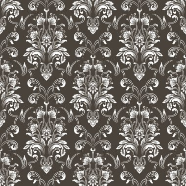 Vektör damask Dikişsiz desen arka plan. Klasik lüks eski moda damask süsleme, duvar kağıtları, tekstil, sarma için Kraliyet Viktorya Dikişsiz doku. Nefis çiçek Barok şablonu