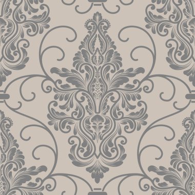 Vektör damaske desen elementi. Klasik lüks, eski moda İspanyol süsü, duvar kağıtları, tekstil ve ambalaj için kraliyet Victoria dönemi dikişsiz dokusu. Zarif çiçekli barok şablonu