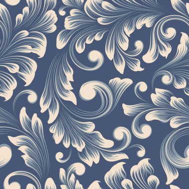 Vektör damaske desen elementi. Klasik lüks, eski moda İspanyol süsü, duvar kağıtları, tekstil ve ambalaj için kraliyet Victoria dönemi dikişsiz dokusu. Zarif çiçekli barok şablonu