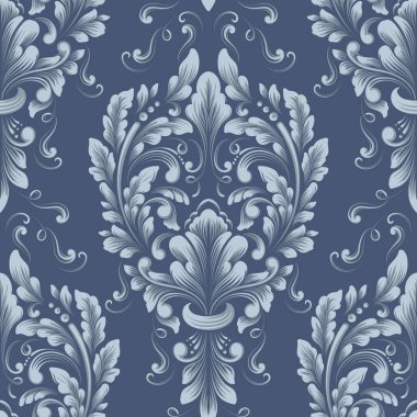 Vektör damaske desen elementi. Klasik lüks, eski moda İspanyol süsü, duvar kağıtları, tekstil ve ambalaj için kraliyet Victoria dönemi dikişsiz dokusu. Zarif çiçekli barok şablonu