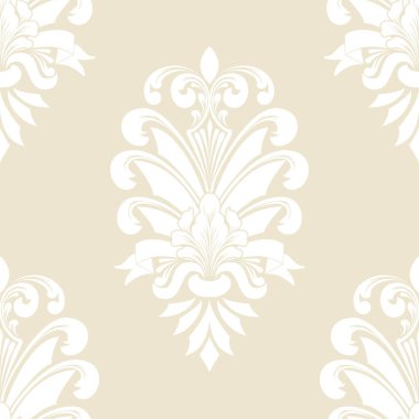 Vektör damaske desen elementi. Klasik lüks, eski moda İspanyol süsü, duvar kağıtları, tekstil ve ambalaj için kraliyet Victoria dönemi dikişsiz dokusu. Zarif çiçekli barok şablonu