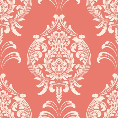 Vektör damaske desen elementi. Klasik lüks, eski moda İspanyol süsü, duvar kağıtları, tekstil ve ambalaj için kraliyet Victoria dönemi dikişsiz dokusu. Zarif çiçekli barok şablonu