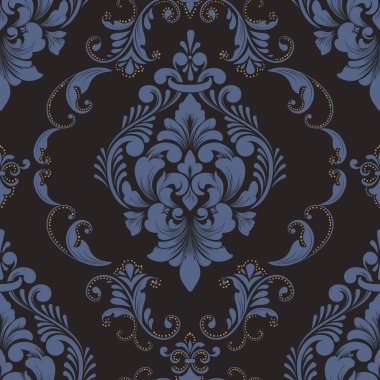 Vektör damaske desen elementi. Klasik lüks, eski moda İspanyol süsü, duvar kağıtları, tekstil ve ambalaj için kraliyet Victoria dönemi dikişsiz dokusu. Zarif çiçekli barok şablonu
