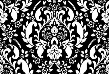 Vektör damaske desen elementi. Klasik lüks, eski moda İspanyol süsü, duvar kağıtları, tekstil ve ambalaj için kraliyet Victoria dönemi dikişsiz dokusu. Zarif çiçekli barok şablonu