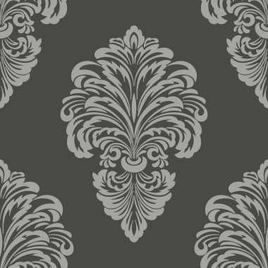 Vektör bw damaskesiz desen ögesi. Klasik lüks, eski moda İspanyol süsü, duvar kağıtları, tekstil ve ambalaj için kraliyet Victoria dönemi dikişsiz dokusu. Zarif çiçekli barok şablonu