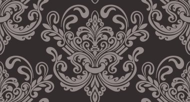 Vektör damaske desen elementi. Klasik lüks, eski moda İspanyol süsü, duvar kağıtları, tekstil ve ambalaj için kraliyet Victoria dönemi dikişsiz dokusu. Zarif çiçekli barok şablonu