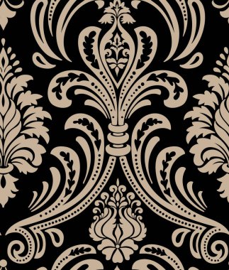 Vektör damaske desen elementi. Klasik lüks, eski moda İspanyol süsü, duvar kağıtları, tekstil ve ambalaj için kraliyet Victoria dönemi dikişsiz dokusu. Zarif çiçekli barok şablonu