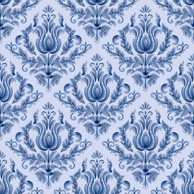 Vektör damask Dikişsiz desen arka plan. Klasik lüks eski moda damask süsleme, duvar kağıtları, tekstil, sarma için Kraliyet Viktorya Dikişsiz doku. Nefis çiçek Barok şablonu