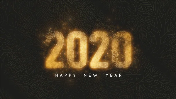 Happy New Year 2020. Dark background with gold net and glowing golden 2020 numbers as veins of gold foil and sparkles. Vector Illustration for luxury holiday greeting card, invitation, calendar.