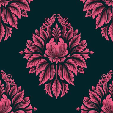 Vektör damaske desen elementi. Klasik lüks, eski moda İspanyol süsü, duvar kağıtları, tekstil ve ambalaj için kraliyet Victoria dönemi dikişsiz dokusu. Zarif çiçekli barok şablonu