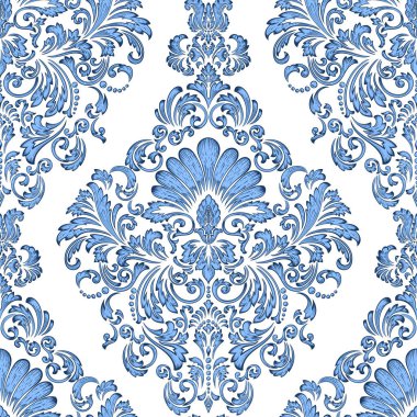 Vektör damaske desen elementi. Klasik lüks, eski moda İspanyol süsü, duvar kağıtları, tekstil ve ambalaj için kraliyet Victoria dönemi dikişsiz dokusu. Zarif çiçekli barok şablonu