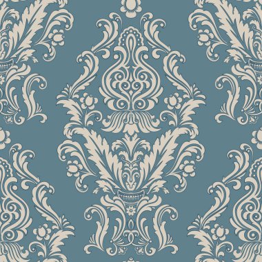 Vektör damaske desen elementi. Klasik lüks, eski moda İspanyol süsü, duvar kağıtları, tekstil ve ambalaj için kraliyet Victoria dönemi dikişsiz dokusu. Zarif çiçekli barok şablonu