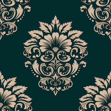 Vektör damaske desen elementi. Klasik lüks, eski moda İspanyol süsü, duvar kağıtları, tekstil ve ambalaj için kraliyet Victoria dönemi dikişsiz dokusu. Zarif çiçekli barok şablonu