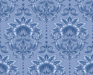 Vektör damaske desen elementi. Klasik lüks, eski moda İspanyol süsü, duvar kağıtları, tekstil ve ambalaj için kraliyet Victoria dönemi dikişsiz dokusu. Zarif çiçekli barok şablonu