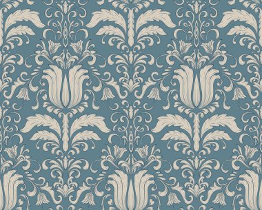 Vektör damaske desen elementi. Klasik lüks, eski moda İspanyol süsü, duvar kağıtları, tekstil ve ambalaj için kraliyet Victoria dönemi dikişsiz dokusu. Zarif çiçekli barok şablonu