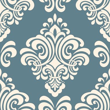 Vektör damaske desen elementi. Klasik lüks, eski moda İspanyol süsü, duvar kağıtları, tekstil ve ambalaj için kraliyet Victoria dönemi dikişsiz dokusu. Zarif çiçekli barok şablonu
