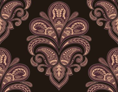 Vektör damaske desen elementi. Klasik lüks, eski moda İspanyol süsü, duvar kağıtları, tekstil ve ambalaj için kraliyet Victoria dönemi dikişsiz dokusu. Zarif çiçekli barok şablonu