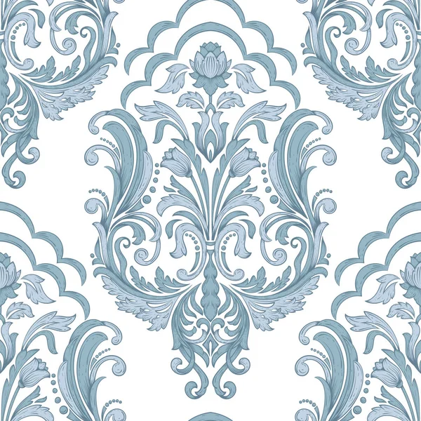 Vektör damaske desen elementi. Klasik lüks, eski moda İspanyol süsü, duvar kağıtları, tekstil ve ambalaj için kraliyet Victoria dönemi dikişsiz dokusu. Zarif çiçekli barok şablonu