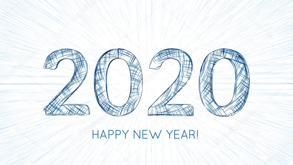 Vector 2020 text constructed with glowing lines with lightspeed burst on background. Bright Happy New Year technological card. Abstract greeting card