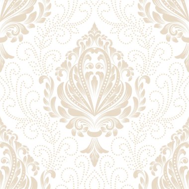Vektör damaske desen elementi. Klasik lüks, eski moda İspanyol süsü, duvar kağıtları, tekstil ve ambalaj için kraliyet Victoria dönemi dikişsiz dokusu. Zarif çiçekli barok şablonu.