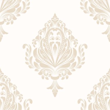 Vektör damaske desen elementi. Klasik lüks, eski moda İspanyol süsü, duvar kağıtları, tekstil ve ambalaj için kraliyet Victoria dönemi dikişsiz dokusu. Zarif çiçekli barok şablonu.