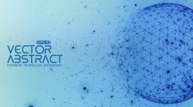 Soyut vektör uzayı mavi arkaplan. Kaotik olarak bağlı noktalar ve uzayda uçan çokgenler. Uçan enkaz. Gelecekçi teknoloji tarzı. İş sunumları için zarif arkaplan.