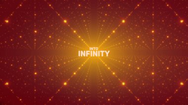 Sonsuz uzay arkaplanı vektörü. Derinlik ve perspektif yanılsaması ile parlayan yıldızların birleşimi. Kafes olarak nokta dizisi olan geometrik arkaplan. Turuncu arka planda soyut gelecek evreni.