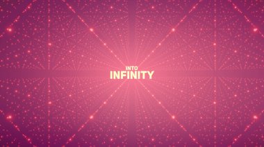 Sonsuz uzay arkaplanı vektörü. Derinlik ve perspektif yanılsaması ile parlayan yıldızların birleşimi. Kafes olarak nokta dizisi olan geometrik arkaplan. Menekşe arkaplanda soyut gelecekçi evren.