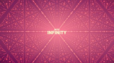 Sonsuz uzay arkaplanı vektörü. Derinlik ve perspektif yanılsaması ile parlayan yıldızların birleşimi. Kafes olarak nokta dizisi olan geometrik arkaplan. Menekşe arkaplanda soyut gelecekçi evren.