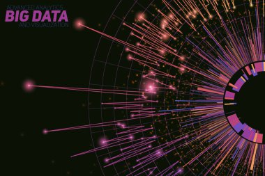 Büyük veri görselleştirmesi etrafında vektör soyut. Fütürist bilgi grafikleri tasarımı. Görsel bilgi karmaşıklığı. Karmaşık veri iplikleri grafiği. Sosyal ağ veya iş analizi temsilcisiName.