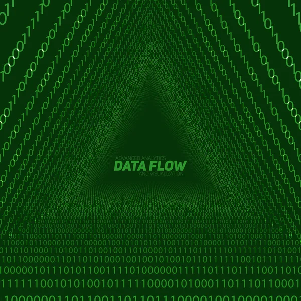 矢量数据流可视化 绿色大数据流的三角形隧道作为二进制数字字符串 信息代码表示 密码学分析 比特币区块链转移 代码流 — 图库矢量图片