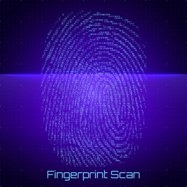 Parmak izi taramasının vektör ikili gösterimi. Sayılardan oluşan siber parmak izi mavi deseni. Biyometrik kimlik doğrulaması. Fütürist sensör taraması görüntüsü. Dijital Dactylogram.