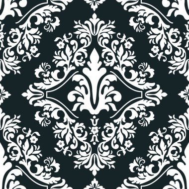 Vektör damaske desen elementi. Klasik lüks, eski moda İspanyol süsü, duvar kağıtları, tekstil ve ambalaj için kraliyet Victoria dönemi dikişsiz dokusu. Zarif çiçekli barok şablonu.
