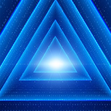 Vektör veri akışı görselleştirmesi. Mavi büyük veri akışının parlayan üçgen tüneli ikili diziler olarak. Siber kod dünyası. Kriptografik analiz. Bitcoin engelleme zinciri transferi. Bilgi akışı