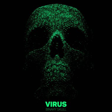 Yeşil ikili kodlu vektör kafatası. İnternet güvenliği konsepti çizimi. Virüs ya da kötü amaçlı soyut görselleştirme. Büyük veri kalıbı hackleniyor.